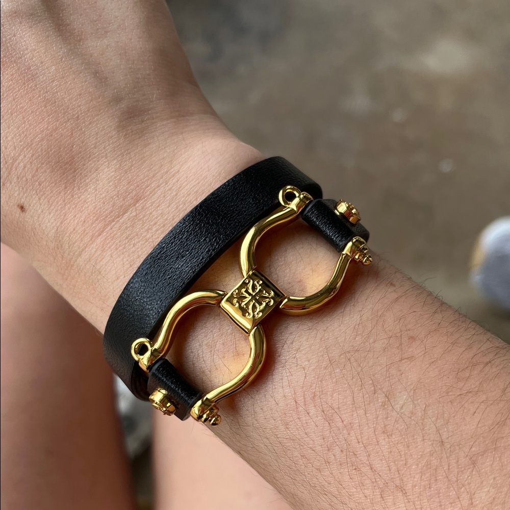 Rustic Cuff Genuine Black Leather Wrap Bracelet with Gold Accents